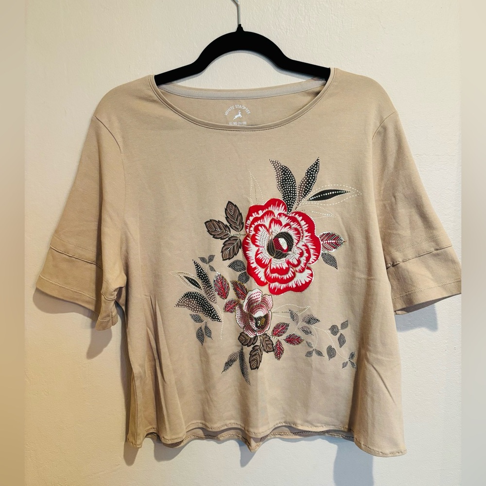 White Stag Boho Crop Top in Coffee Cream with a Red and Metallic Floral Print